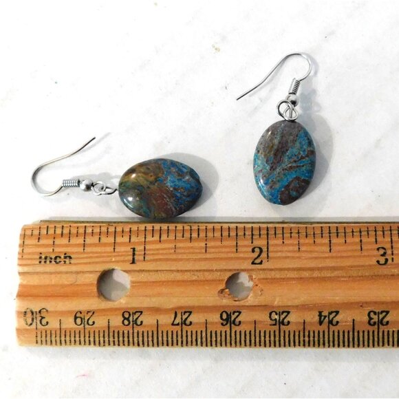 Turquoise Brown Stone Necklace Fishhook Pierced Earrings 20" Silver Tone Chain - Picture 12 of 12